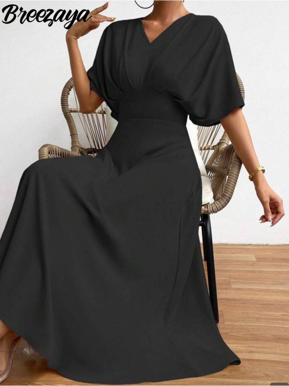 Solid Black Batwing Sleeve A-Line Maxi Dress